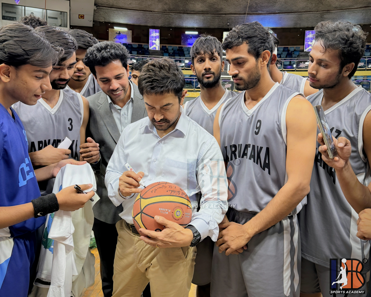 Aamir Khan signing Basketball with IB Sports Academy Ishwar Bhati